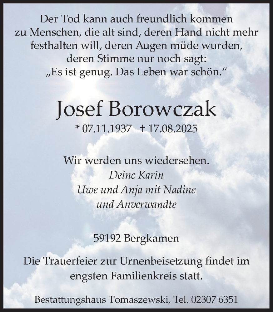 Traueranzeige für Josef Borowczak vom 23.08.2025 aus Hellweger Anzeiger