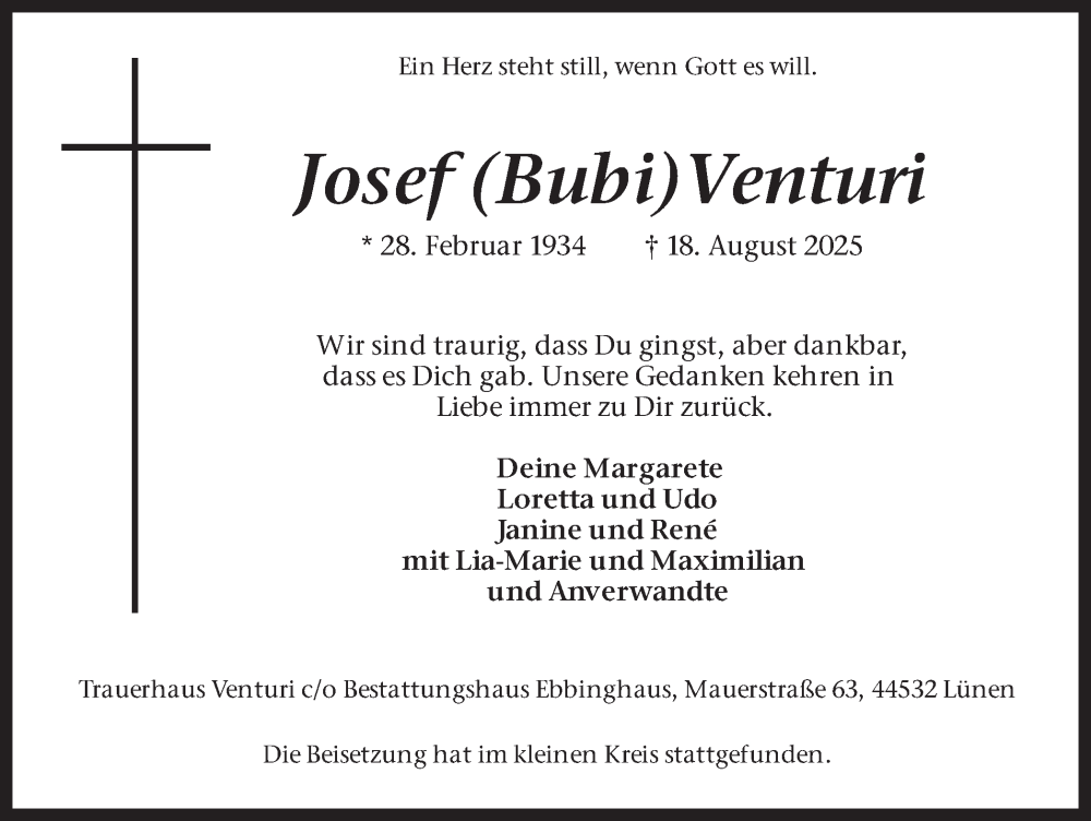  Traueranzeige für Josef Venturi vom 23.08.2025 aus Lüner Anzeiger