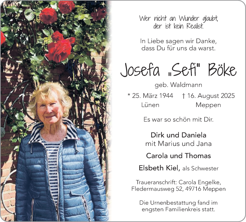  Traueranzeige für Josefa Böke vom 23.08.2025 aus Ruhr Nachrichten