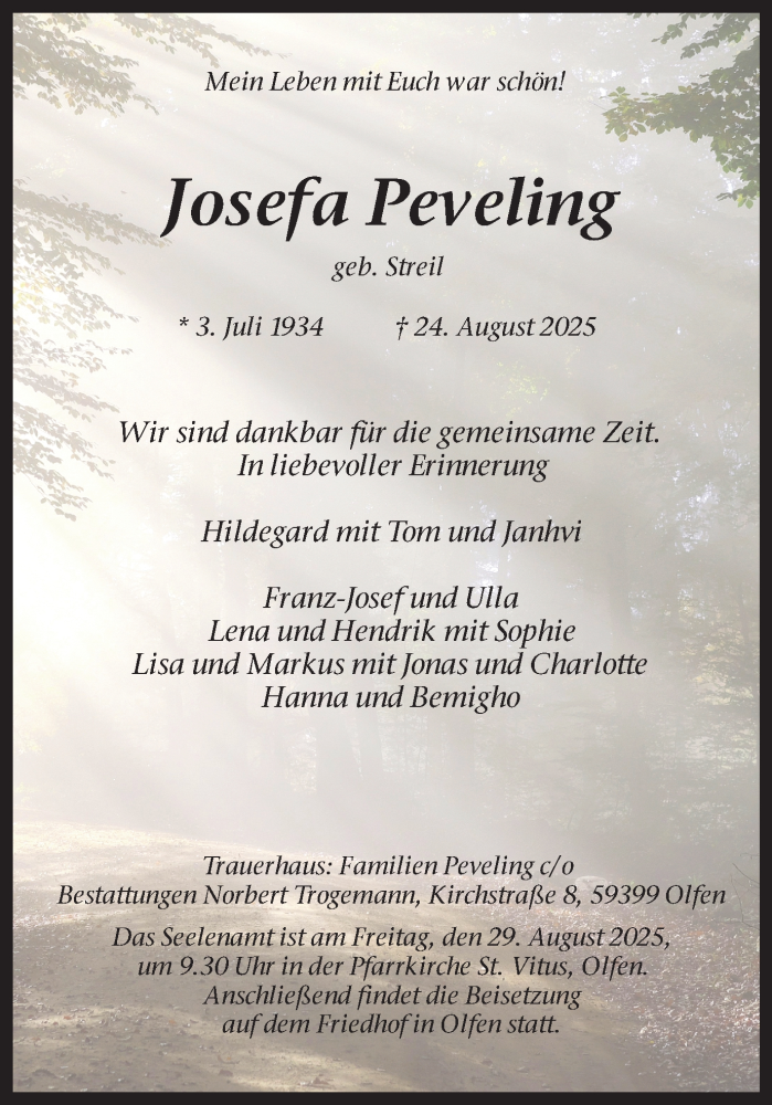  Traueranzeige für Josefa Peveling vom 27.08.2025 aus Ruhr Nachrichten