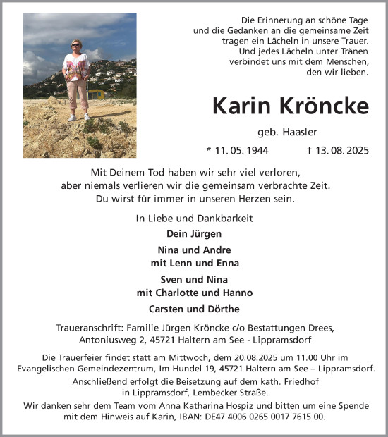 Traueranzeige von Karin Kröncke von Ruhr Nachrichten und Halterner Zeitung