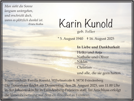 Traueranzeige von Karin Kunold von Hellweger Anzeiger