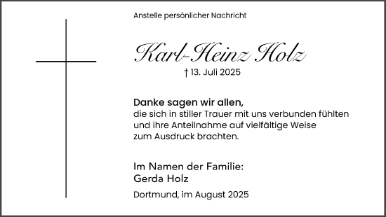 Traueranzeige von Karl-Heinz Holz von Ruhr Nachrichten
