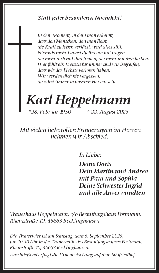 Traueranzeige von Karl Heppelmann von Trauer Vest