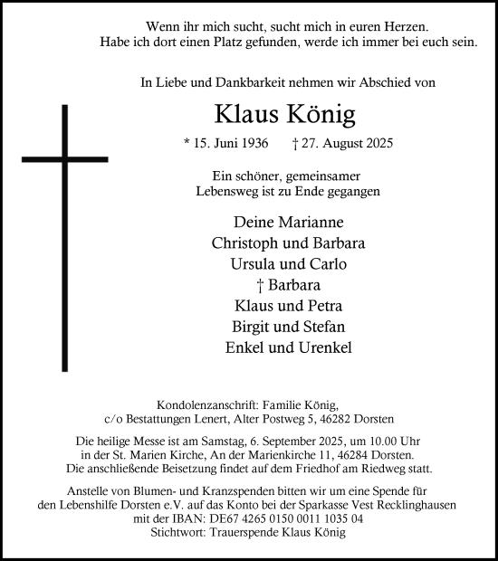 Traueranzeige von Klaus König von Ruhr Nachrichten und Dorstener Zeitung