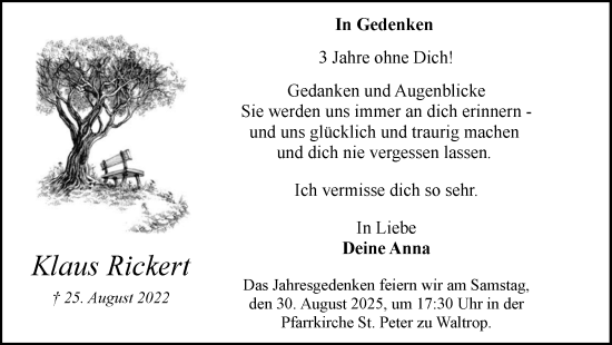 Traueranzeige von Klaus Rickert von Trauer Vest