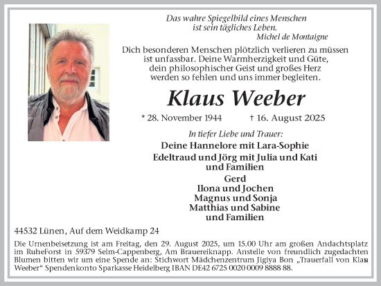 Traueranzeige von Klaus Weeber von Lüner Anzeiger