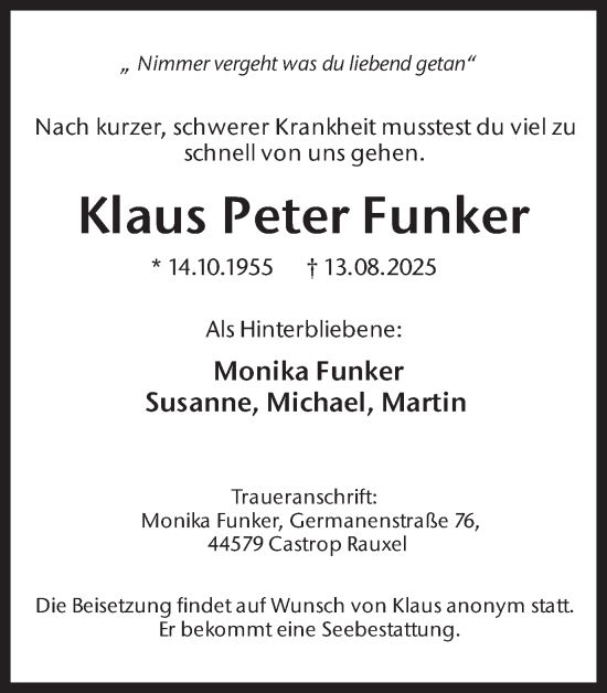 Traueranzeige von Klaus Peter Funker von Ruhr Nachrichten