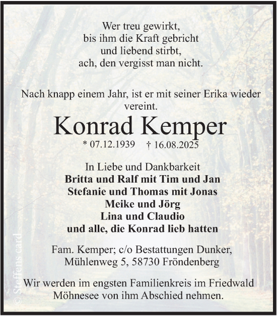 Traueranzeige von Konrad Kemper von Hellweger Anzeiger