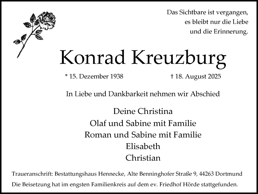  Traueranzeige für Konrad Kreuzburg vom 30.08.2025 aus Ruhr Nachrichten