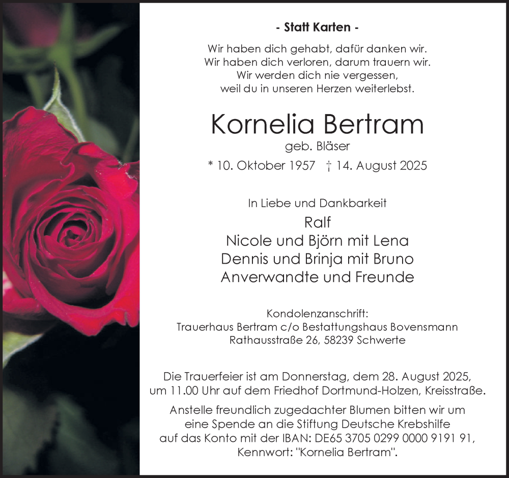  Traueranzeige für Kornelia Bertram vom 23.08.2025 aus Ruhr Nachrichten
