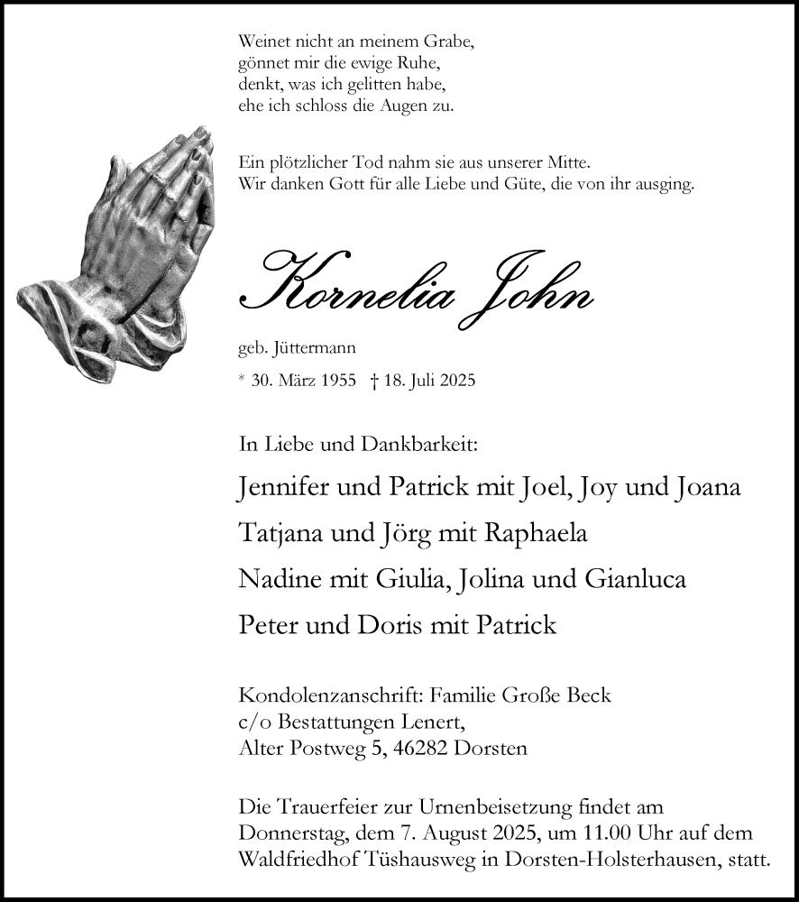  Traueranzeige für Kornelia John vom 02.08.2025 aus Ruhr Nachrichten und Dorstener Zeitung