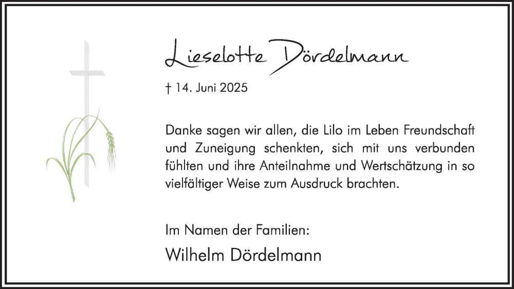  Traueranzeige für Lieselotte Dördelmann vom 02.08.2025 aus Hellweger Anzeiger