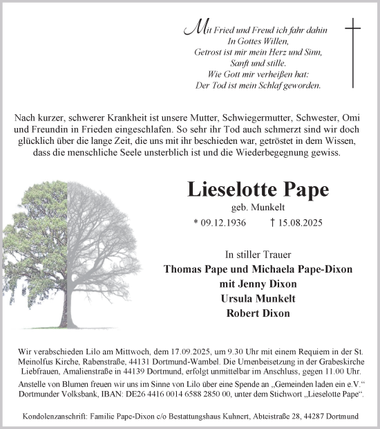 Traueranzeige von Lieselotte Pape von Ruhr Nachrichten