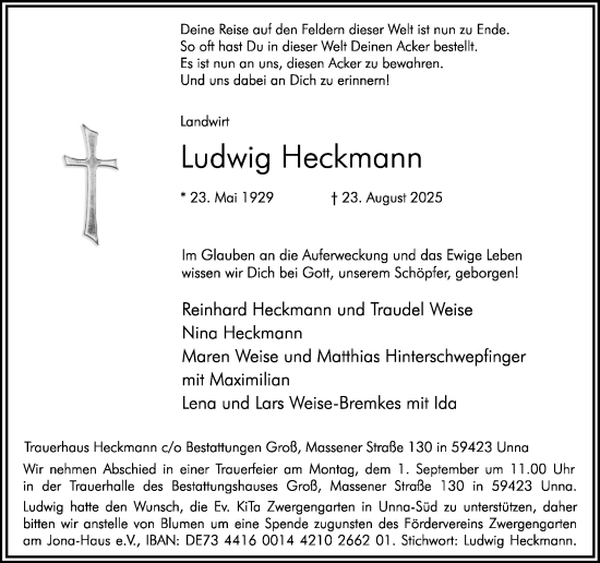 Traueranzeige von Ludwig Heckmann von Hellweger Anzeiger