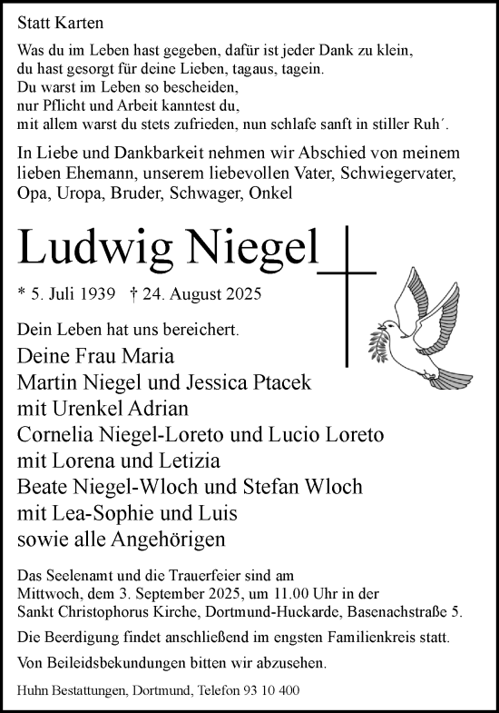 Traueranzeige von Ludwig Niegel von Ruhr Nachrichten