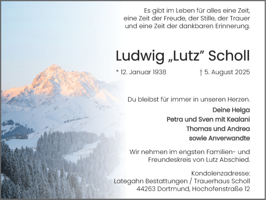 Traueranzeige von Ludwig Scholl von Ruhr Nachrichten