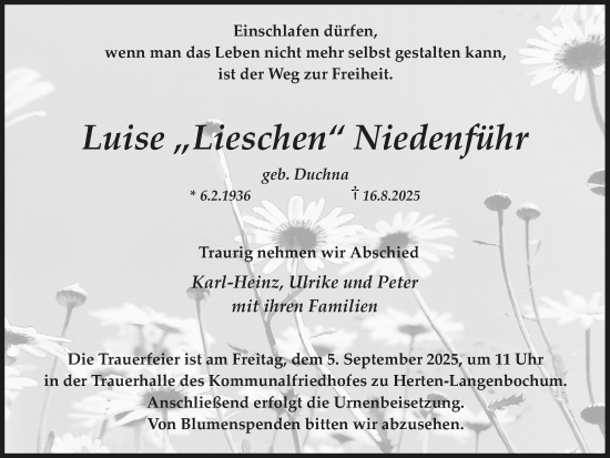 Traueranzeige von Luise Niedenführ von Trauer Vest