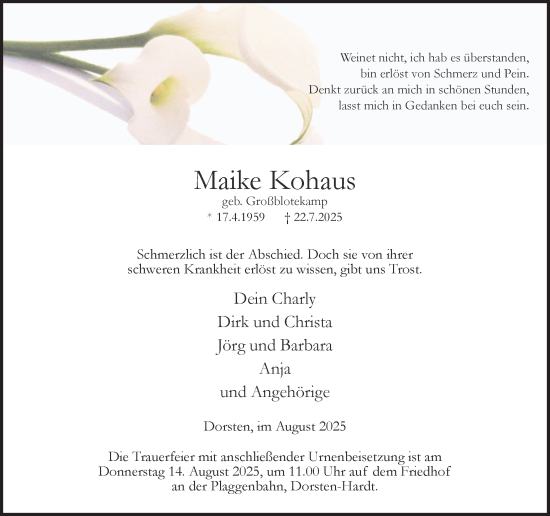 Traueranzeige von Maike Kohaus von Ruhr Nachrichten und Dorstener Zeitung
