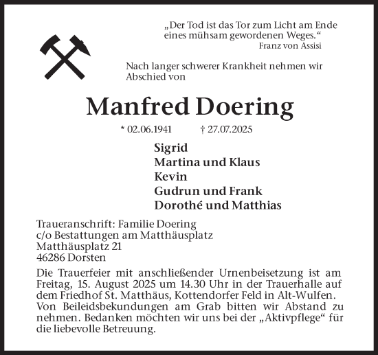Traueranzeige von Manfred Doering von Ruhr Nachrichten und Dorstener Zeitung
