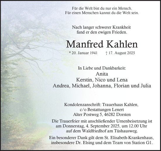 Traueranzeige von Manfred Kahlen von Ruhr Nachrichten und Dorstener Zeitung