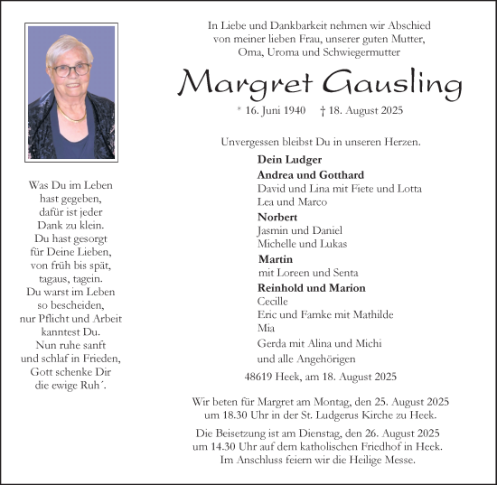 Traueranzeige von Margret Gausling von Münsterland Zeitung