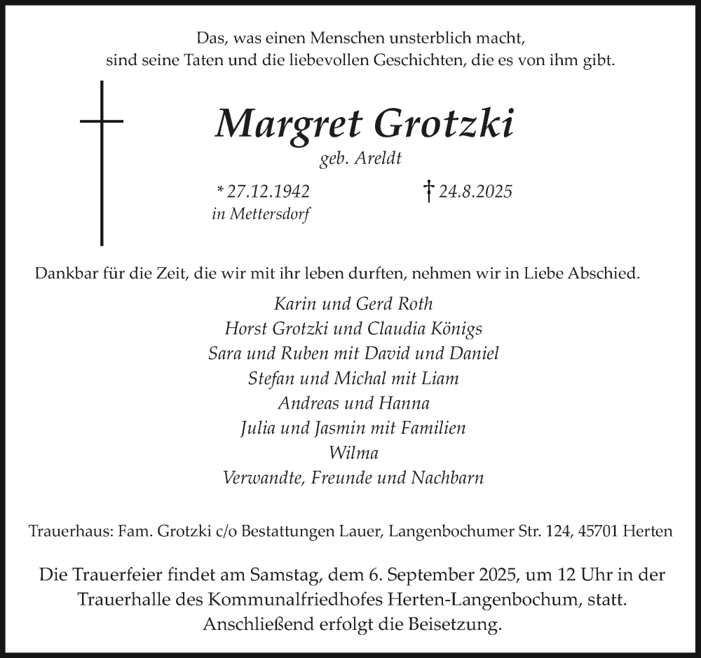  Traueranzeige für Margret Grotzki vom 30.08.2025 aus Trauer Vest