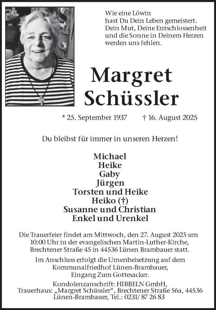  Traueranzeige für Margret Schüssler vom 23.08.2025 aus Lüner Anzeiger