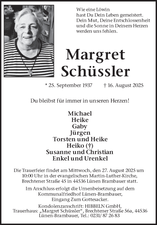 Traueranzeige von Margret Schüssler von Lüner Anzeiger