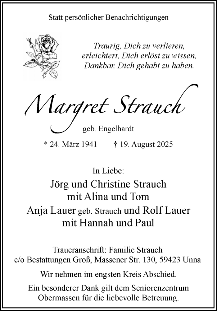  Traueranzeige für Margret Strauch vom 23.08.2025 aus Hellweger Anzeiger