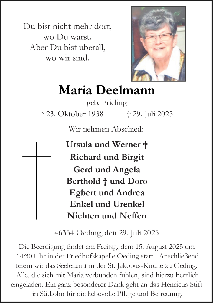  Traueranzeige für Maria Deelmann vom 11.08.2025 aus Münsterland Zeitung