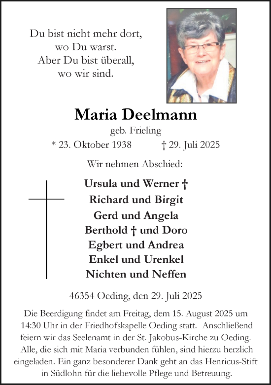Traueranzeige von Maria Deelmann von Münsterland Zeitung