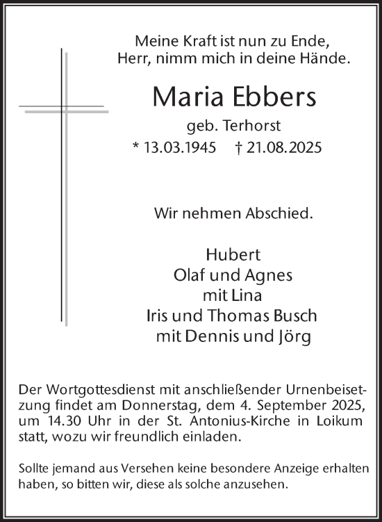 Traueranzeige von Maria Ebbers 
