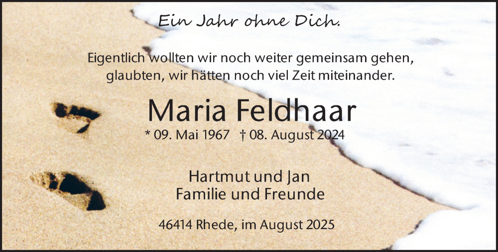  Traueranzeige für Maria Feldhaar vom 08.08.2025 aus 