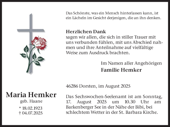 Traueranzeige von Maria Hemker von Ruhr Nachrichten und Dorstener Zeitung