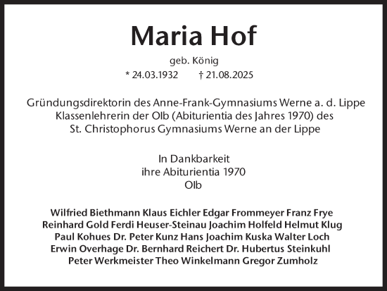Traueranzeige von Maria Hof von Ruhr Nachrichten