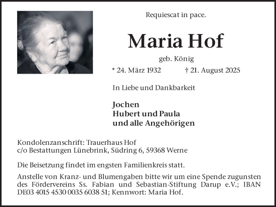 Traueranzeige von Maria Hof von Ruhr Nachrichten
