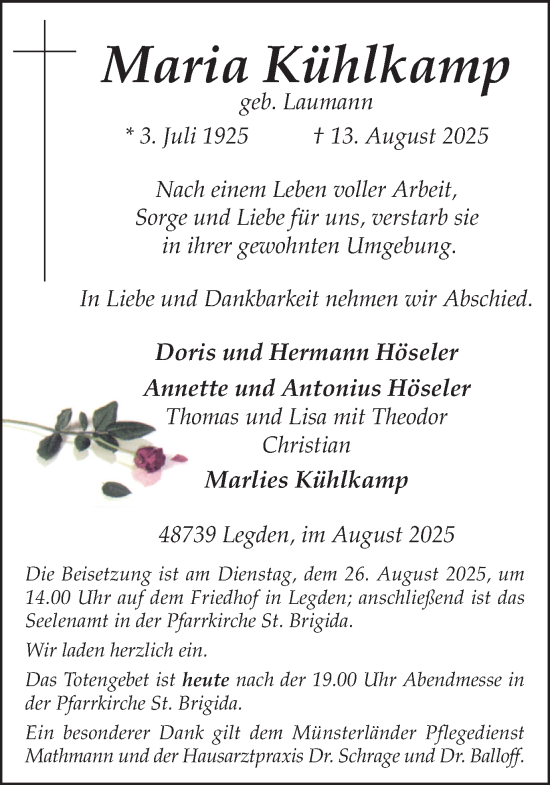 Traueranzeige von Maria Kühlkamp von Münsterland Zeitung