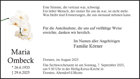 Traueranzeige von Maria Ombeck von Ruhr Nachrichten und Dorstener Zeitung