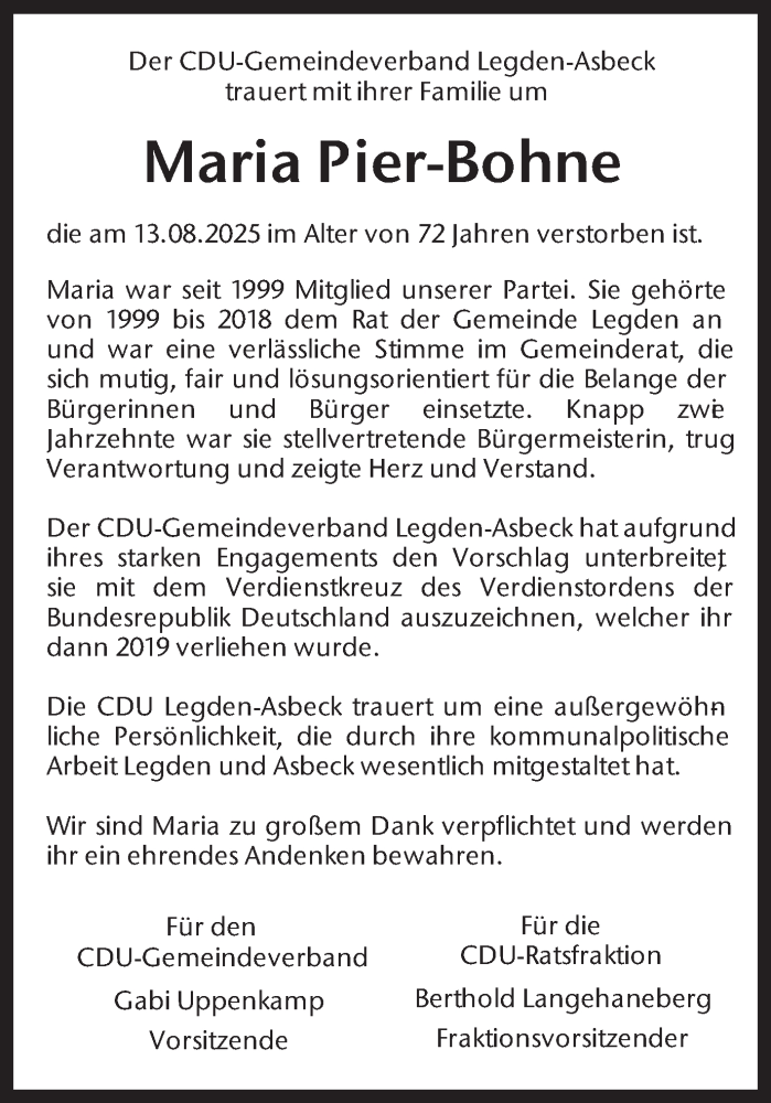  Traueranzeige für Maria Pier-Bohne vom 19.08.2025 aus Münsterland Zeitung