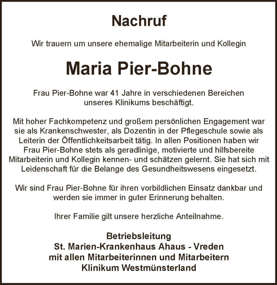  Traueranzeige für Maria Pier-Bohne vom 21.08.2025 aus Münsterland Zeitung