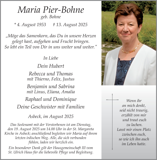 Traueranzeige von Maria Pier-Bohne von Münsterland Zeitung