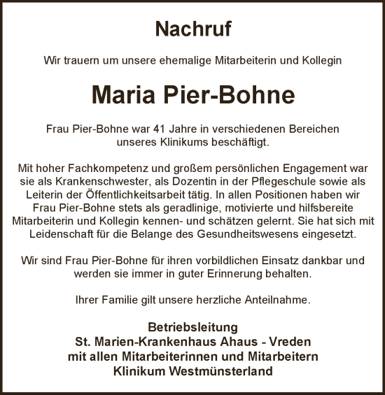 Traueranzeige von Maria Pier-Bohne von Münsterland Zeitung