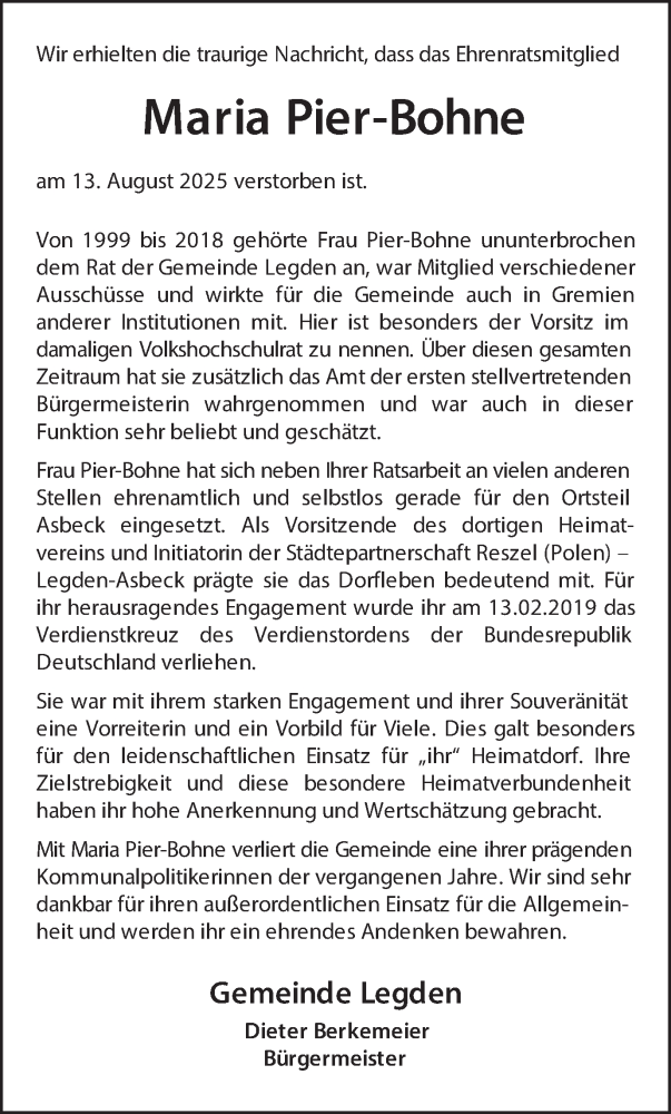  Traueranzeige für Maria Pier-Bohne vom 20.08.2025 aus Münsterland Zeitung