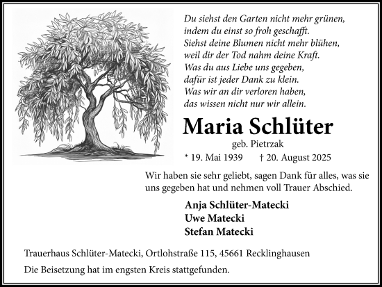Traueranzeige von Maria Schlüter von Trauer Vest