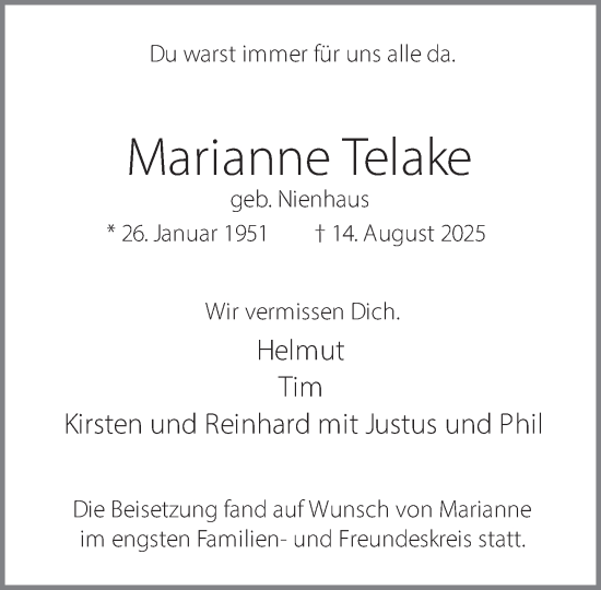 Traueranzeige von Marianne Telake 