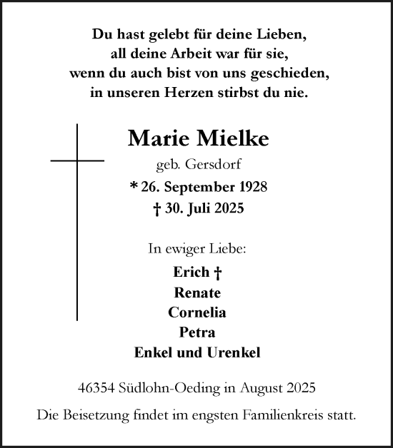 Traueranzeige von Marie Mielke von Münsterland Zeitung
