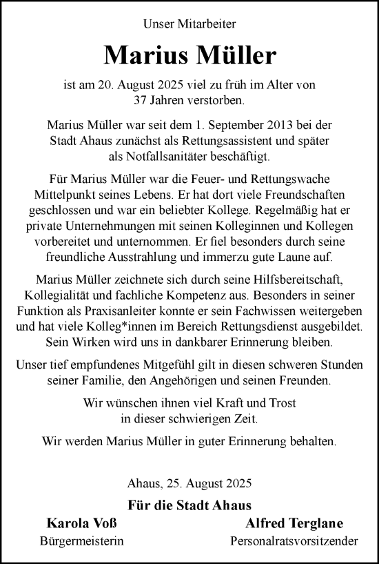 Traueranzeige von Marius Müller von Münsterland Zeitung