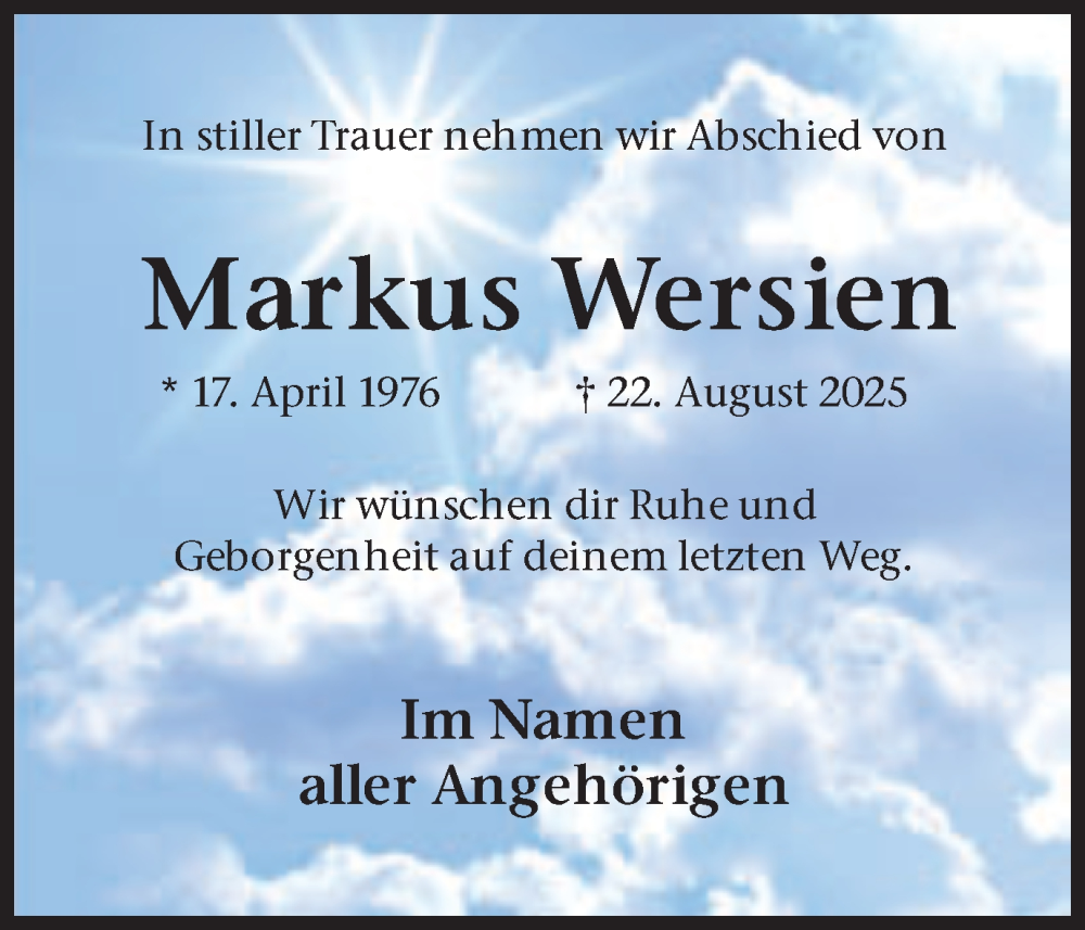  Traueranzeige für Markus Wersien vom 28.08.2025 aus Ruhr Nachrichten
