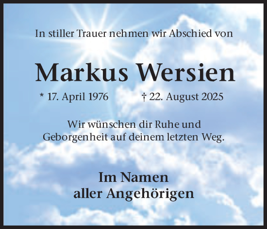 Traueranzeige von Markus Wersien von Ruhr Nachrichten